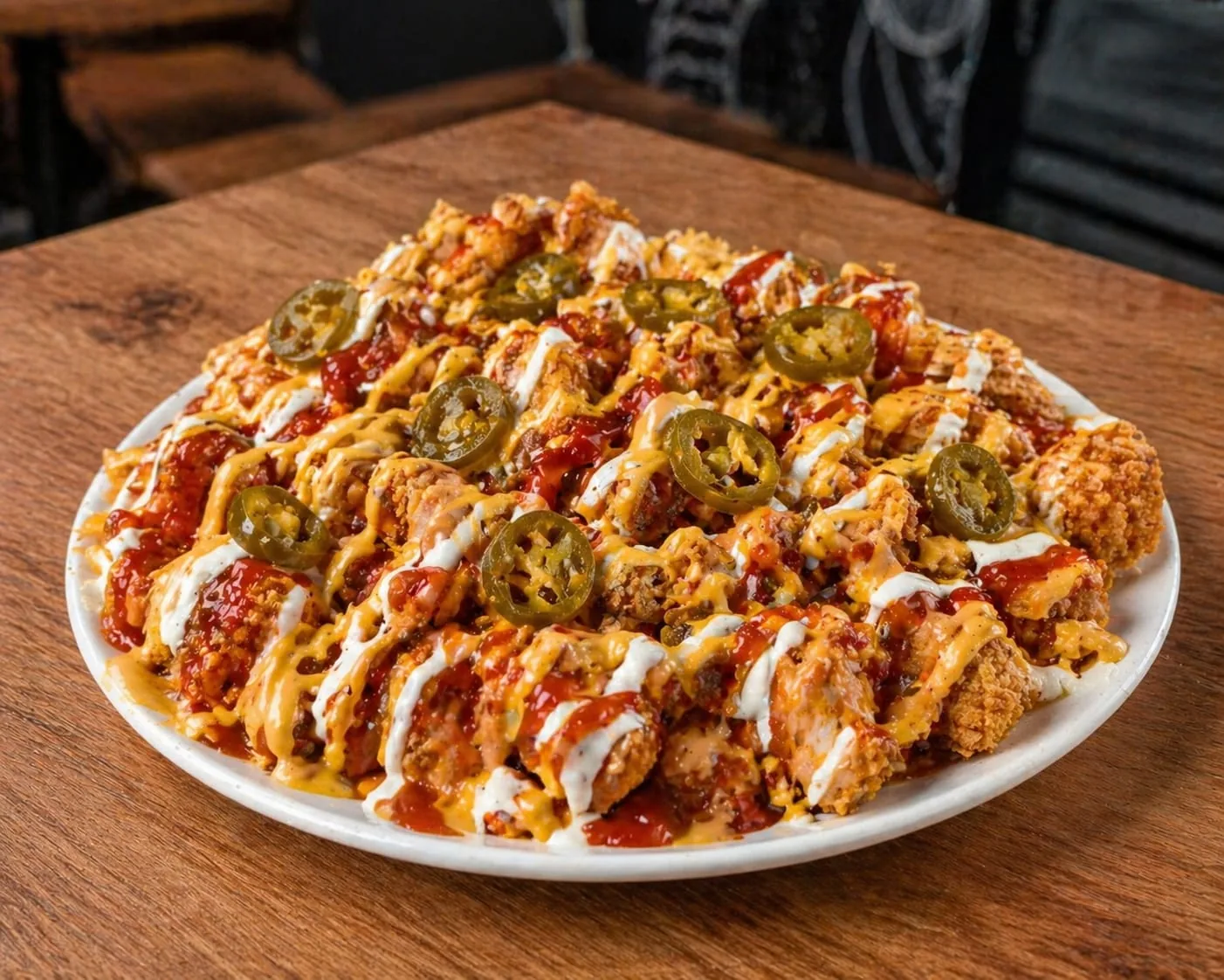 Ya-Taiba loaded crispy chicken with sauces and jalapeños